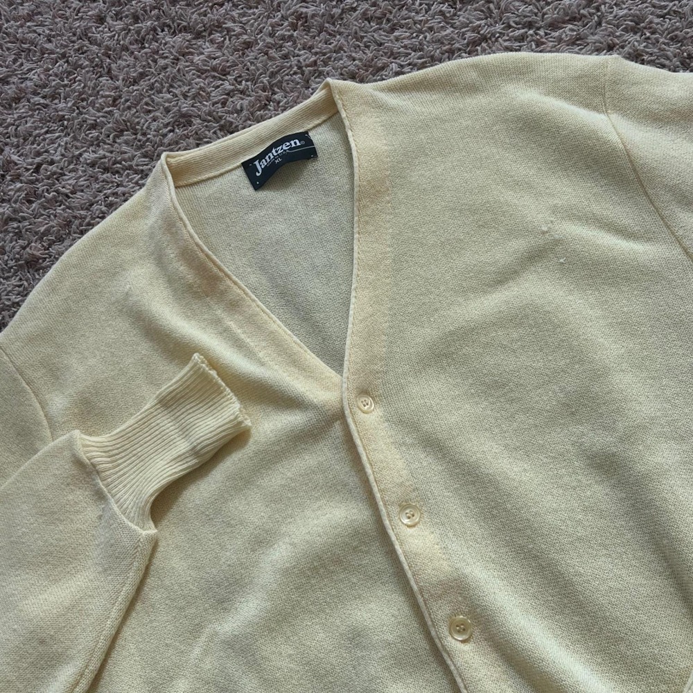 Vintage Jantzen Mens XL Cardigan Sweater Pale Yellow Button Front Made in USA